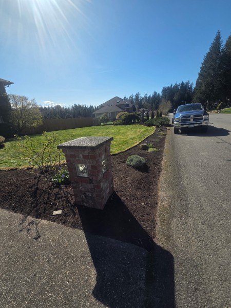 Landscape bed with fresh soil and newly cleaned planting area, ready for sod or new plant installations.